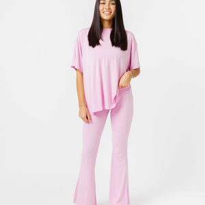 Baby Kids Bamboo Pajamas — Mauve Over, Pink Women's Oversized T-Shirt & Flare Legging Set — Image 1