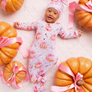 Baby Kids Bamboo Pajamas — Pink of the Patch Knotted Gown & Beanie Set — Image 1