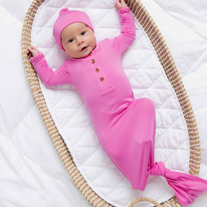Baby Kids Bamboo Pajamas — Pinky Promise Knotted Gown & Beanie Set — Image 1