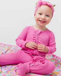 Baby Kids Bamboo Pajamas — Pinky Promise Ribbed Convertible Ruffle Romper — Image 1