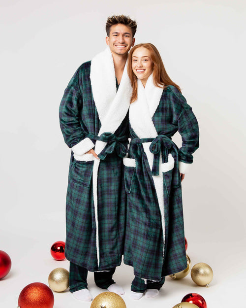 Baby Kids Bamboo Pajamas — Plaid Tidings Adult Plush Robe — Image 6