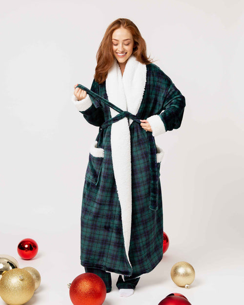 Baby Kids Bamboo Pajamas — Plaid Tidings Adult Plush Robe — Image 7