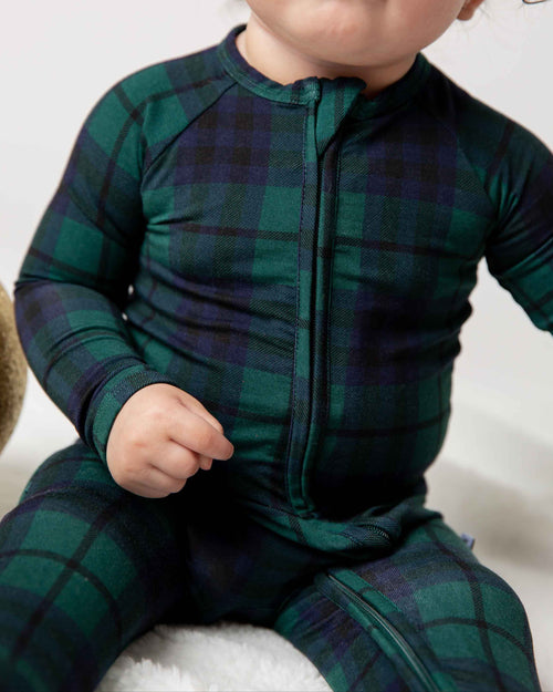Baby Kids Bamboo Pajamas — Plaid Tidings Convertible Romper — Image 1