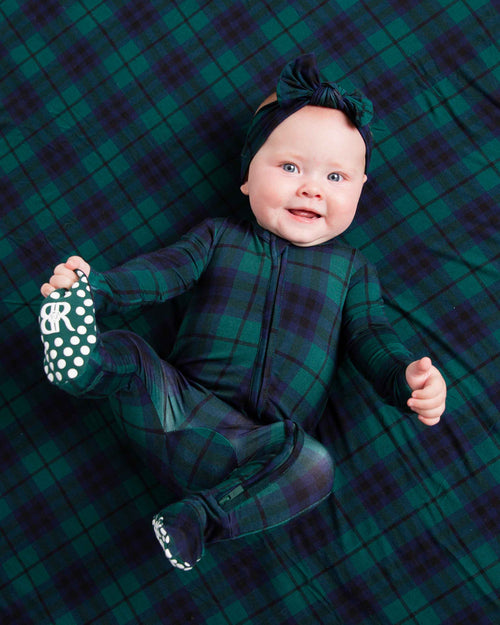 Baby Kids Bamboo Pajamas — Plaid Tidings Footie — Image 3