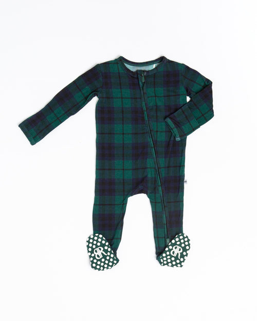 Baby Kids Bamboo Pajamas — Plaid Tidings Footie — Image 2
