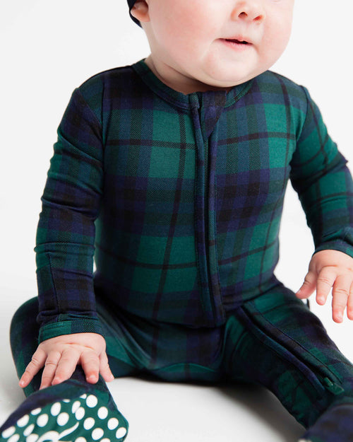 Baby Kids Bamboo Pajamas — Plaid Tidings Footie — Image 4
