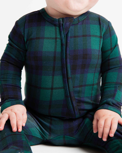 Baby Kids Bamboo Pajamas — Plaid Tidings Footie — Image 1