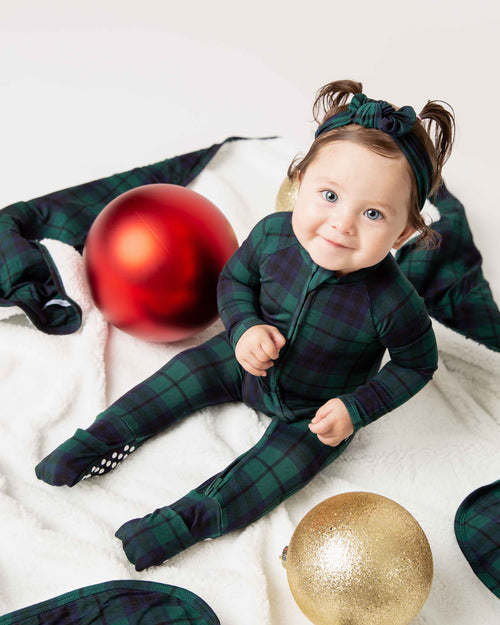 Baby Kids Bamboo Pajamas — Plaid Tidings Headwrap — Image 3