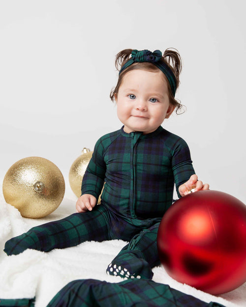 Baby Kids Bamboo Pajamas — Plaid Tidings Headwrap — Image 4