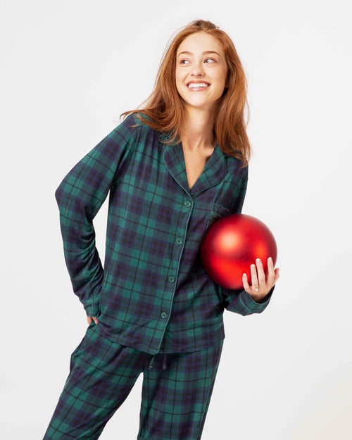 Baby Kids Bamboo Pajamas — Plaid Tidings Women's Long Sleeve Collar Shirt & Pants Pajama Set — Image 3