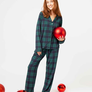Baby Kids Bamboo Pajamas — Plaid Tidings Women's Long Sleeve Collar Shirt & Pants Pajama Set — Image 1