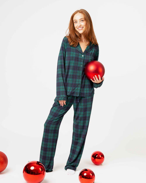 Baby Kids Bamboo Pajamas — Plaid Tidings Women's Long Sleeve Collar Shirt & Pants Pajama Set — Image 1