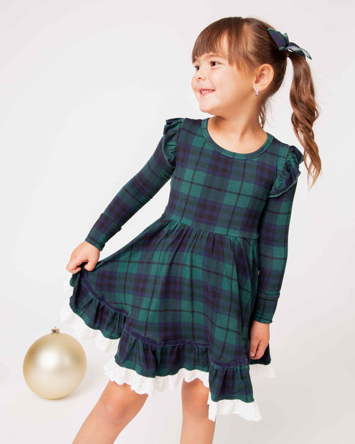 Baby Kids Bamboo Pajamas — Plaid Tidings Long Sleeve Party Dress & Shorts Set — Image 4