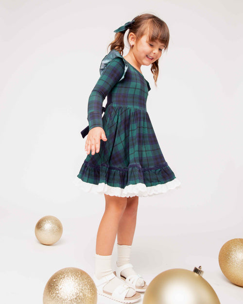 Baby Kids Bamboo Pajamas — Plaid Tidings Long Sleeve Party Dress & Shorts Set — Image 6