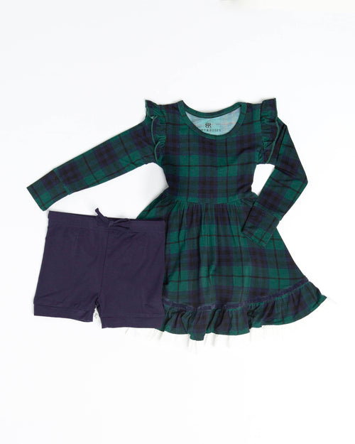 Baby Kids Bamboo Pajamas — Plaid Tidings Long Sleeve Party Dress & Shorts Set — Image 2