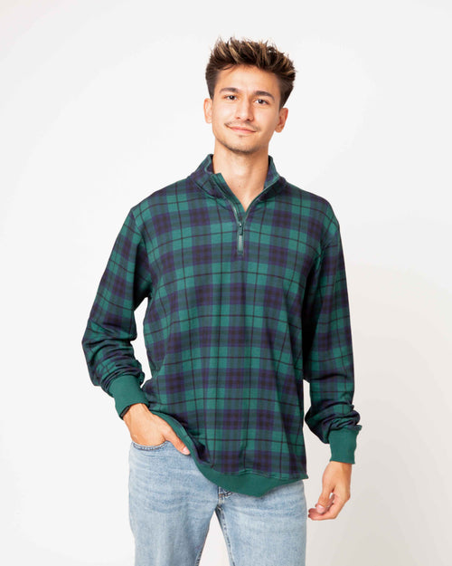 Baby Kids Bamboo Pajamas — Plaid Tidings Men's 1/4 Zip Pullover Sweatshirt — Image 3