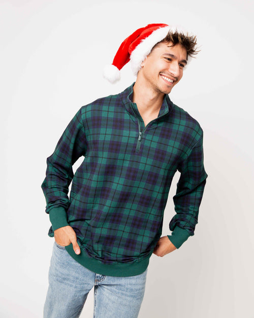 Baby Kids Bamboo Pajamas — Plaid Tidings Men's 1/4 Zip Pullover Sweatshirt — Image 5