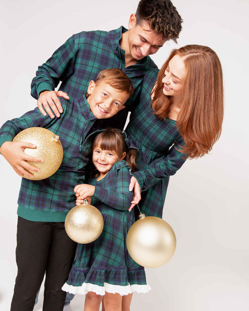 Baby Kids Bamboo Pajamas — Plaid Tidings Men's 1/4 Zip Pullover Sweatshirt — Image 4