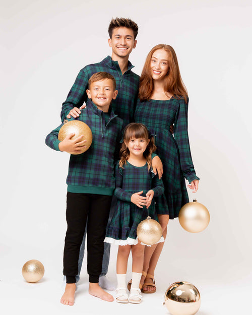 Baby Kids Bamboo Pajamas — Plaid Tidings Men's 1/4 Zip Pullover Sweatshirt — Image 6