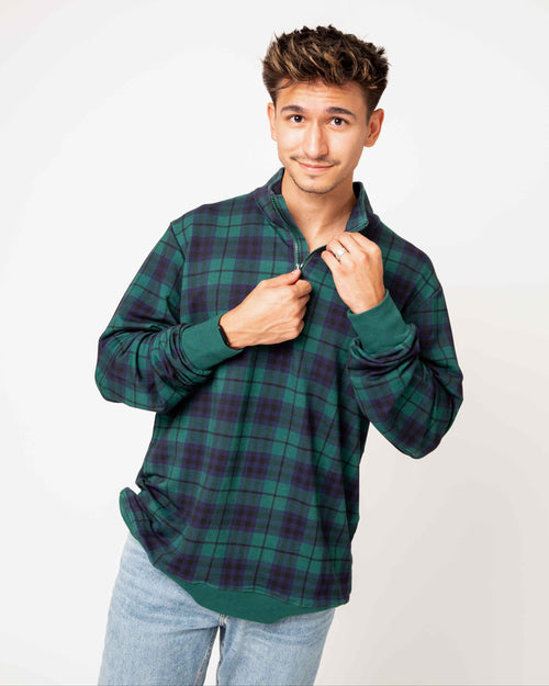 Baby Kids Bamboo Pajamas — Plaid Tidings Men's 1/4 Zip Pullover Sweatshirt — Image 1