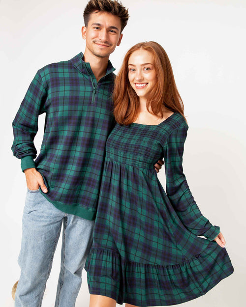 Baby Kids Bamboo Pajamas — Plaid Tidings Men's 1/4 Zip Pullover Sweatshirt — Image 2