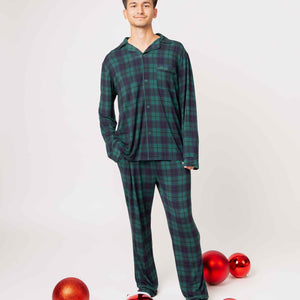 Baby Kids Bamboo Pajamas — Plaid Tidings Men's Collar Shirt & Pants Set — Image 1