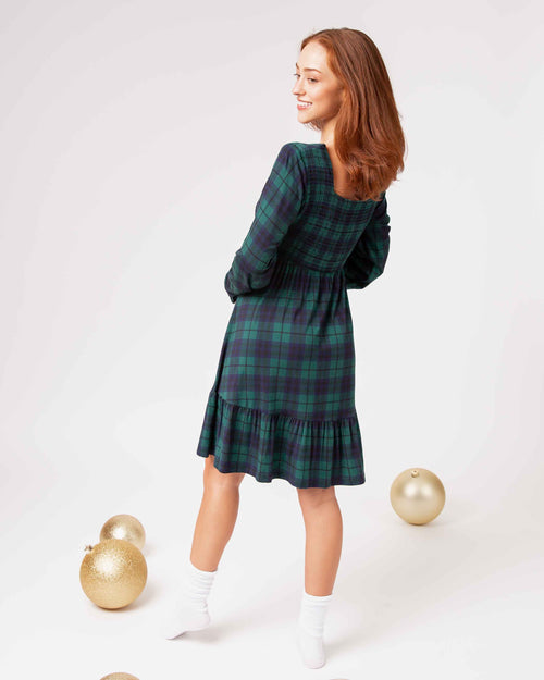 Baby Kids Bamboo Pajamas — Plaid Tidings Women's Smocked Balloon Sleeve Dress — Image 4