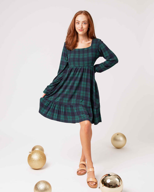 Baby Kids Bamboo Pajamas — Plaid Tidings Women's Smocked Balloon Sleeve Dress — Image 7