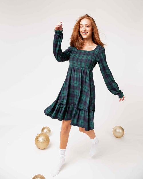 Baby Kids Bamboo Pajamas — Plaid Tidings Women's Smocked Balloon Sleeve Dress — Image 9