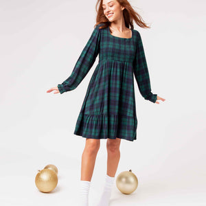 Baby Kids Bamboo Pajamas — Plaid Tidings Women's Smocked Balloon Sleeve Dress — Image 1