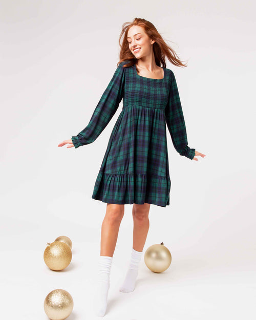 Baby Kids Bamboo Pajamas — Plaid Tidings Women's Smocked Balloon Sleeve Dress — Image 1
