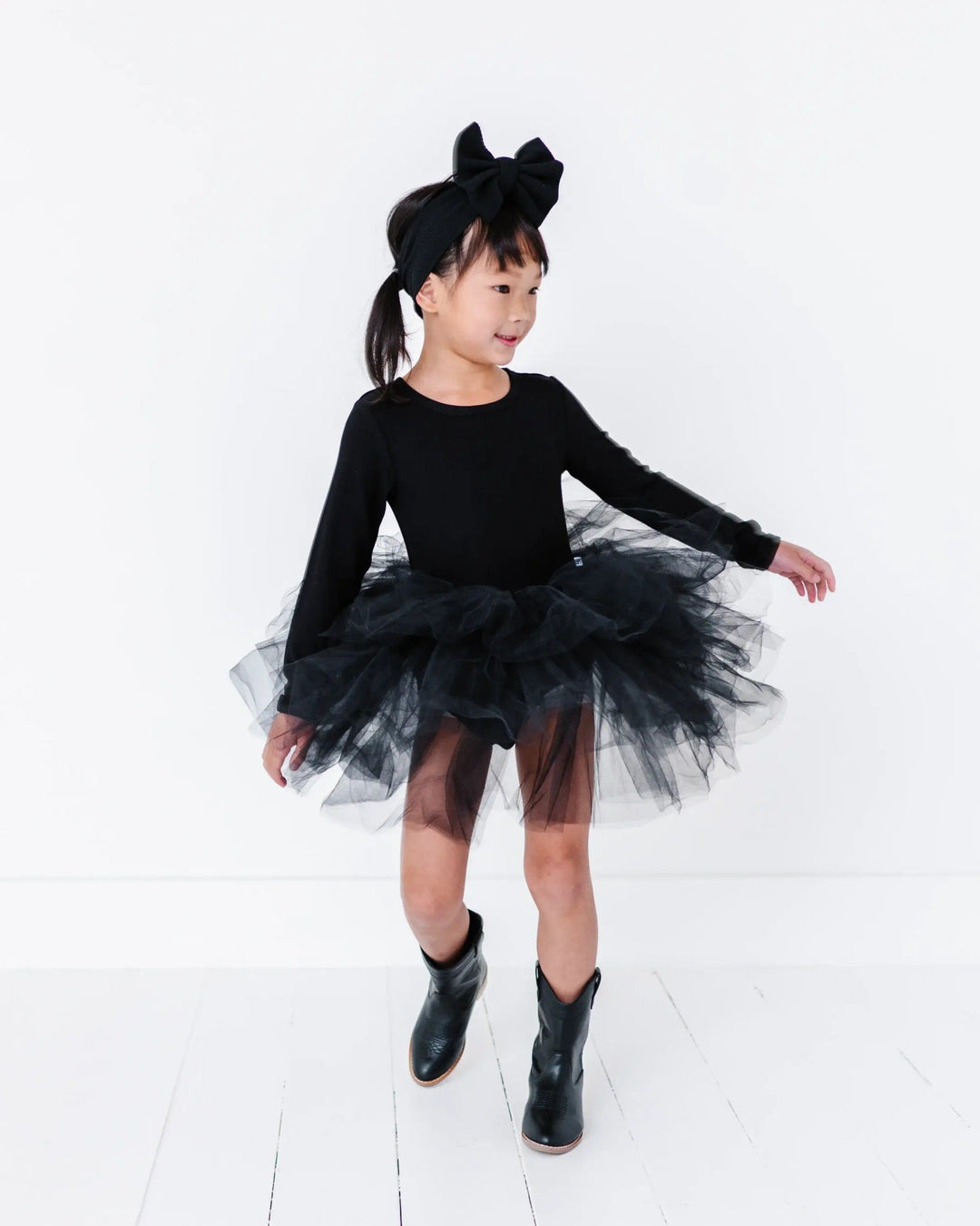 Bums & Roses Black Ribbed Tulle Tutu Dress - Long Sleeves, Hypoallergenic & Antibacterial Bamboo Fabric, 5/6Y