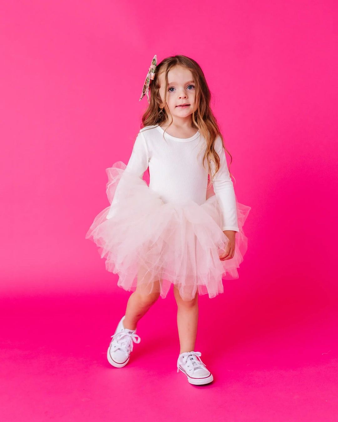 Ivory Ribbed Tulle Tutu Dress - Long Sleeves