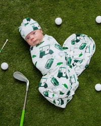 Baby Kids Bamboo Pajamas — Putt Around & Find Out Swaddle & Beanie Set — Image 1