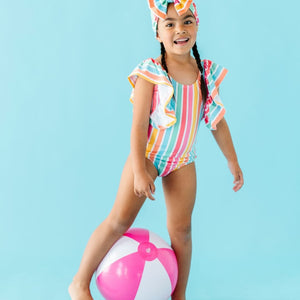 Rainbow Reef Ruffle Sleeve Girls One Piece Swimsuit - Image 1 - Bums & Roses