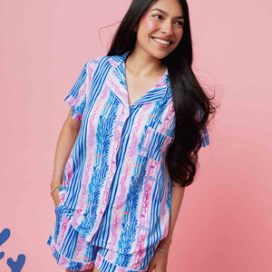 Baby Kids Bamboo Pajamas — Reel Cute Stripes Women's Collar Shirt & Shorts Pajama Set — Image 1