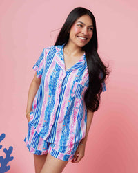 Baby Kids Bamboo Pajamas — Reel Cute Stripes Women's Collar Shirt & Shorts Pajama Set — Image 1
