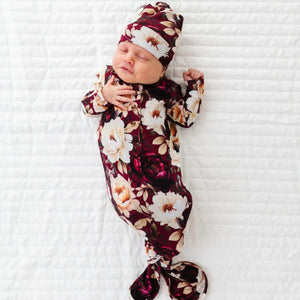 Bums & Roses - Baby & Kids Bamboo Pajamas - Ruffle Your Petals Newborn Knotted Gown + Beanie Set - Image 1