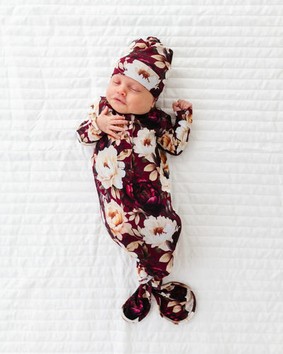 Bums & Roses - Baby & Kids Bamboo Pajamas - Ruffle Your Petals Newborn Knotted Gown + Beanie Set - Image 1