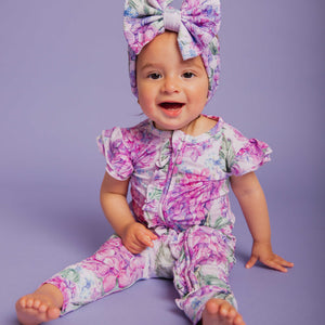 Baby Kids Bamboo Pajamas — You Had Me At Hydrangea Ruffle Zipper Romper - Cap Sleeves — Image 1