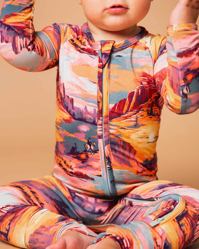 Baby Kids Bamboo Pajamas — Saddle Up Sunset Convertible Romper — Image 1