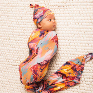Baby Kids Bamboo Pajamas — Saddle Up Sunset Swaddle & Beanie Set — Image 1