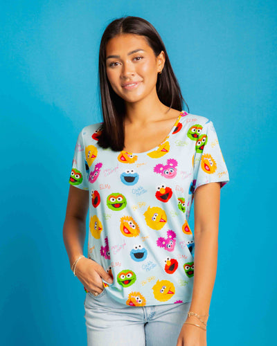 Baby Kids Bamboo Pajamas — Sesame Street™ Elmo and Friends Women's Short Sleeve T-Shirt — Image 1
