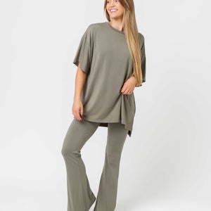 Baby Kids Bamboo Pajamas — Olive The Above Women's Oversized T-Shirt & Flare Leggings Set — Image 1