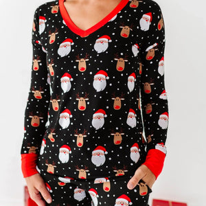 Bums & Roses - Baby & Kids Bamboo Pajamas - Snow Ho Ho Women's Long Sleeve V-Neck Shirt - Image 1