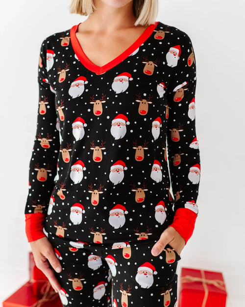 Baby Kids Bamboo Pajamas — Snow Ho Ho Women's Long Sleeve V-Neck Shirt — Image 1