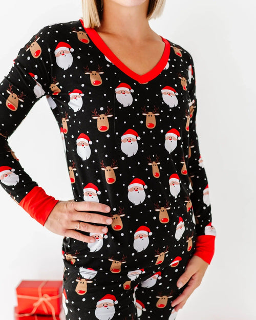 Bums & Roses - Baby & Kids Bamboo Pajamas - Snow Ho Ho Women's Long Sleeve V-Neck Shirt - Image 29
