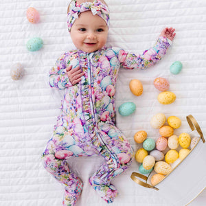 Bums & Roses - Baby & Kids Bamboo Pajamas - So Eggstra Convertible Ruffle Romper - Image 1