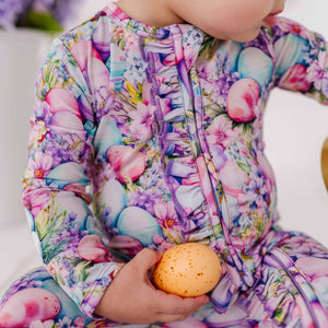 Baby Kids Bamboo Pajamas — So Eggstra Ruffle Footie — Image 1