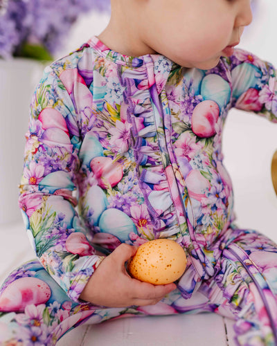 Baby Kids Bamboo Pajamas — So Eggstra Ruffle Footie — Image 1